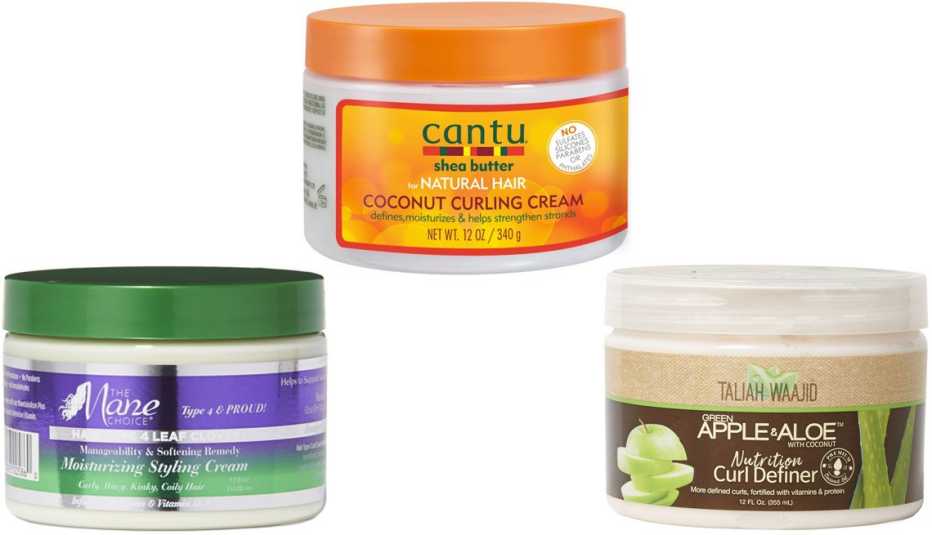 (En el sentido de las agujas del reloj, desde la parte inferior izquierda) Crema humectante para peinar The Mane Choice Manageability & Softening Remedy Moisturizing Styling Cream; crema rizante Cantu Coconut Curling Cream; definidor de rizos Taliah Waaji