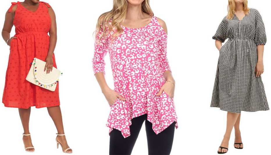 (De izquierda a derecha) Vestido Eyelet Lace Midi Dress with Knot-Straps de Lane Bryant en Goji Berry; túnica Women's Leopard Cold Shoulder Tunic Top de White Mark en Fuchsia Leopard; vestido de algodón a cuadros Gingham Check Cotton Dress de Mango en negro.