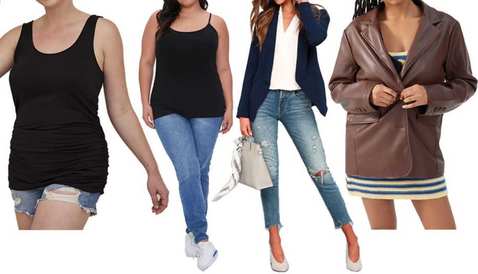 (De izquierda a derecha) Camiseta sin mangas con fruncido Ruched Tank Super Soft Black de Torrid en negro intenso; camisola básica de algodón orgánico Plus Size Organically Grown Cotton Basic Cami de Forever 21 en negro; chaqueta ligera Miss Punctuality Navy Blue Lightweight Blazer de Lulus en azul marino; chaqueta de piel sintética Jules Faux Leather Blazer de UO en marrón.