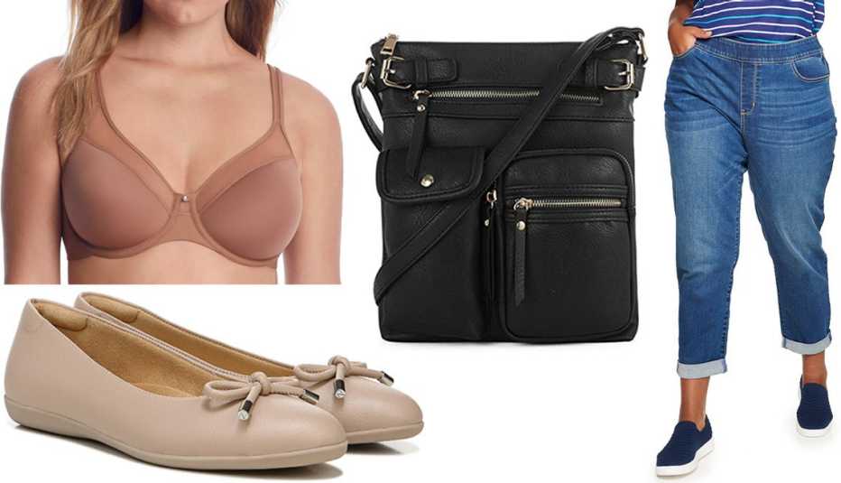 (Desde abajo a la izquierda, en el sentido de las agujas del reloj) Bailarina Vivienne Ballet Flat de Naturalizer en malva antiguo; sostén One Smooth U Ultra Light T-Shirt Bra de Bali en mantequilla canela; bolso ligero en bandolera Katie Lightweight Crossbody Bag de SG Sugu en negro; pantalones de mezclilla Plus Size Pull-On Girlfriend Jeans de Croft & Barrow en lavado medio.