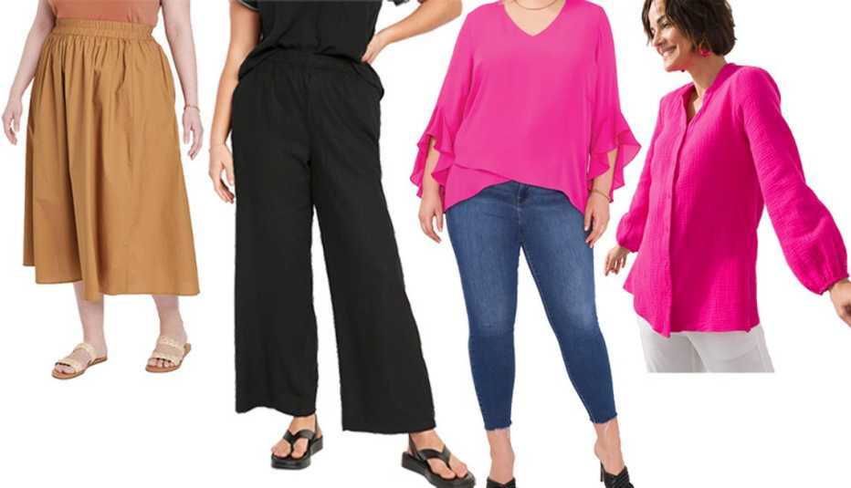 (De izquierda a derecha) Falda de cintura elástica Women’s Smocked Waist Mid-Rise A-Line Skirt de A New Day en marrón ($28, target.com); pantalones de lino de cintura alta High-Waisted Linen-Blend Wide-Leg Pants for Women de Old Navy en color negro ($35, oldnavy.gap.com); blusa con manga de volantes Jayda Flutter Sleeve Blouse de Vince Camuto for Dia & Co en color fucsia intenso ($89, dia.com); blusa de gasa Gauze Button Down Top de Chico's en color rosa intenso ($59, chicos.com).