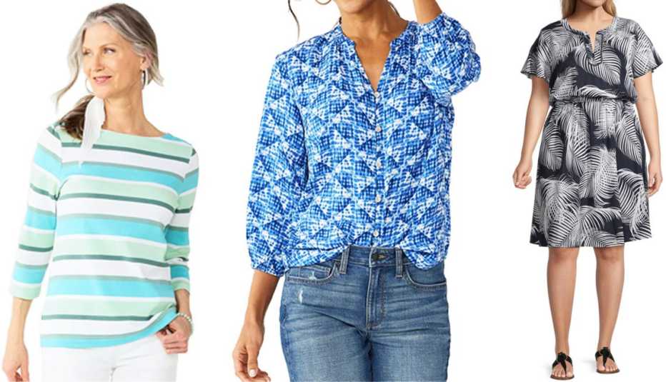 (De izquierda a derecha) Blusa de cuello barco Boatneck Top de Croft & Barrow a rayas en verde azulado y pino; blusa de hombros caídos Drop-Shoulder Blouse de Sonoma Goods for Life en azul marino e índigo; vestido floral de manga corta Women’s Plus Short Sleeve Floral A-Line Dress de Liz Claiborne en estampado de palmeras sobre fondo azul marino.