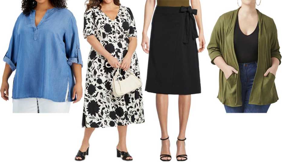 (De izquierda a derecha) Blusa con mangas enrolladas y aberturas a los costados Plus Size Roll-Tab Vented Hem Top de Anne Klein en lavado claro ($99, macys.com); vestido de manga corta con botones Women’s Plus Size Short-Sleeve Button Front Dress de Ava & Viv en estampado floral negro ($25, target.com); falda Women’s Midi A-Line Skirt de Worthington en negro ($40, jcpenney.com); cárdigan Cia 3/4 Sleeve Cardigan de Molly & Isadora en verde oliva ($49, dia.com).