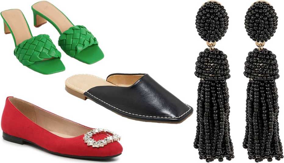 Sandalias Slip-On Sandals de H&M en verde (arriba a la izquierda); bailarinas Saeed Ballet Flat de Kelly & Katie en rojo (abajo a la izquierda); zapatillas sin talón Women’s Brandy Mules de Universal Thread en negro (centro); aretes de cuentas y borlas Polished Beaded Tassel Earring de SUGARFIX by BaubleBar en negro (derecha).