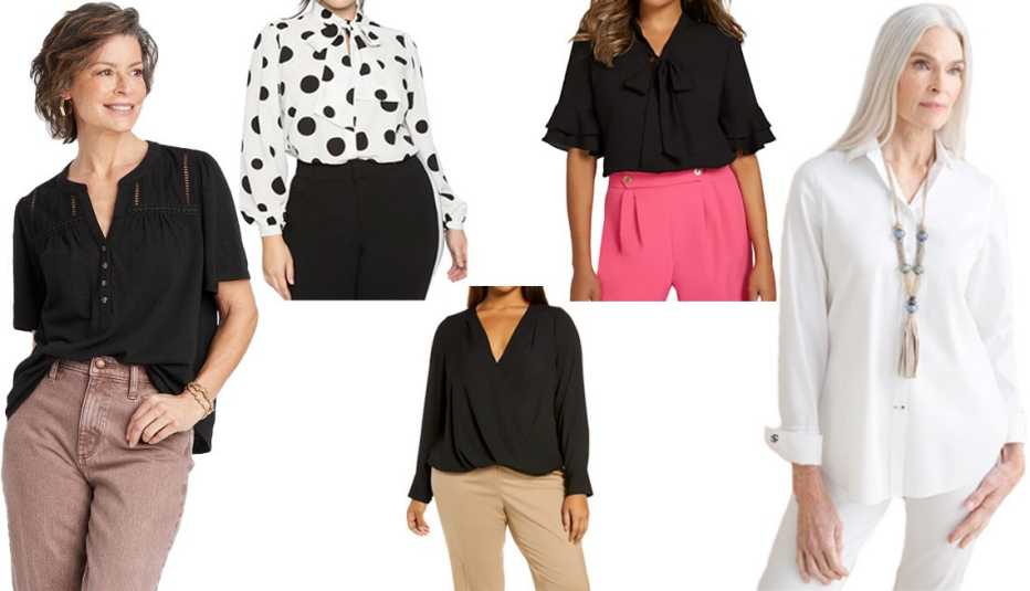 (De izquierda a derecha) Blusa de manga corta y cuello en V Women's Plus Short-Sleeve V-Neck Eyelet Henley Shirt de Knox Rose en negro ($25, target.com); blusa con cuello de lazo Tie Neck Blouse de Eloquii en blanco suave con lunares negros ($80, eloquii.com); blusa cruzada al frente Plus Cross Front Blouse de Halogen en negro ($59, nordstrom.com); blusa con cuello de lazo y mangas de volantes Bow-Neck Ruffle-Sleeve Blouse de New York & Company en negro ($22, nyandcompany.com); camisa elástica No Iron Stretch Shirt de Chico's en blanco óptico ($80, chicos.com).