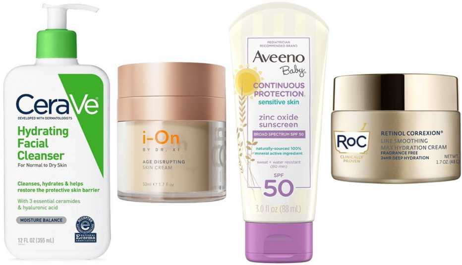 Las selecciones de la Dra. Lupenko: (izquierda a derecha) limpiador facial hidratante CeraVe Hydrating Facial Cleanser para piel normal a seca ($14, target.com); crema i-On Skincare Age Disrupting Skin Cream ($94, nordstrom.com); protector solar Aveeno Baby Continuous Protection Zinc Oxide Mineral Sunscreen, con protección solar de 50, sin fragancia ($13, walgreens.com); crema RoC Retinol Correxion Line Smoothing Max Hydration Cream ($27, ulta.com).
