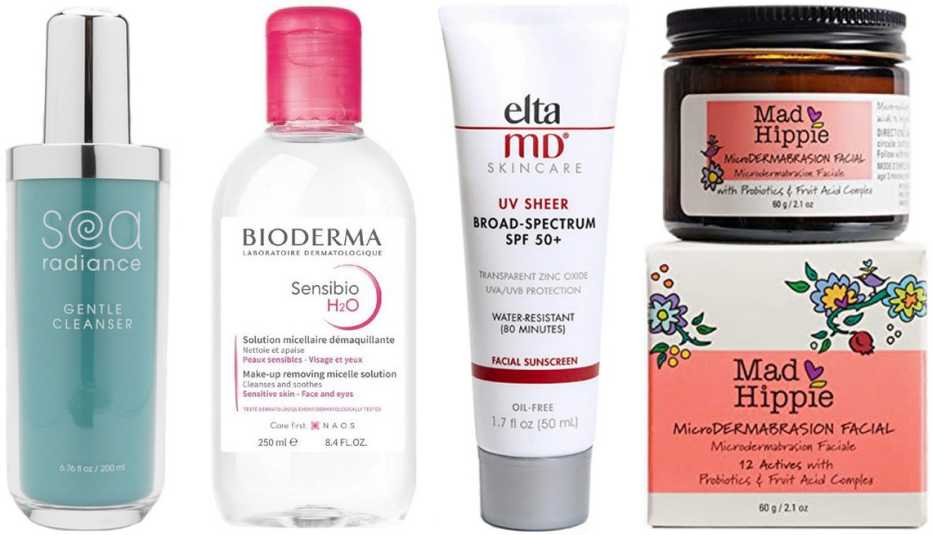 Las selecciones de la Dra. Jaliman: (de izquierda a derecha) el limpiador Sea Radiance Gentle Cleanser ($35, drjaliman.com); el desmaquillador de agua micelar Bioderma Sensibio H2O ($13, target.com); EltaMD UV Sheer Broad-Spectrum SPF 50+ ($32, dermstore.com); Mad Hippie MicroDermabrasion Facial ($26, amazon.com).
