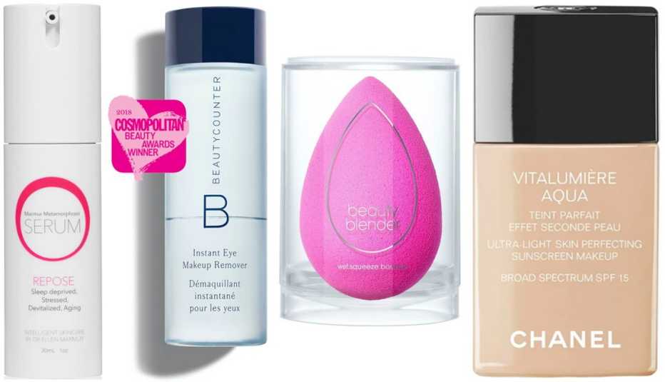 Las selecciones de la Dra. Marmur: (de izquierda a derecha) el suero MMRepose Serum ($85, mmskincare.com); el desmaquillador de ojos Beautycounter Instant Eye Makeup Remover ($28, beautycounter.com); esponja Beautyblender Original Sponge ($20, target.com); el protector solar Chanel Vitalumière Aqua SPF 15 ($50, nordstrom.com).