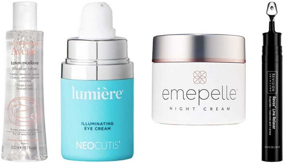 Las selecciones de la Dra. Lewis: (de izquierda a derecha) limpiadora Avene Micellar Lotion Cleansing Water ($18, walgreens.com); crema de ojos Neocutis Lumière Illuminating Eye Cream ($97, skinstore.com); crema de noche Emepelle Night Cream ($195, amazon.com); suero Revision Skincare Revox Line Relaxer ($145, amazon.com).