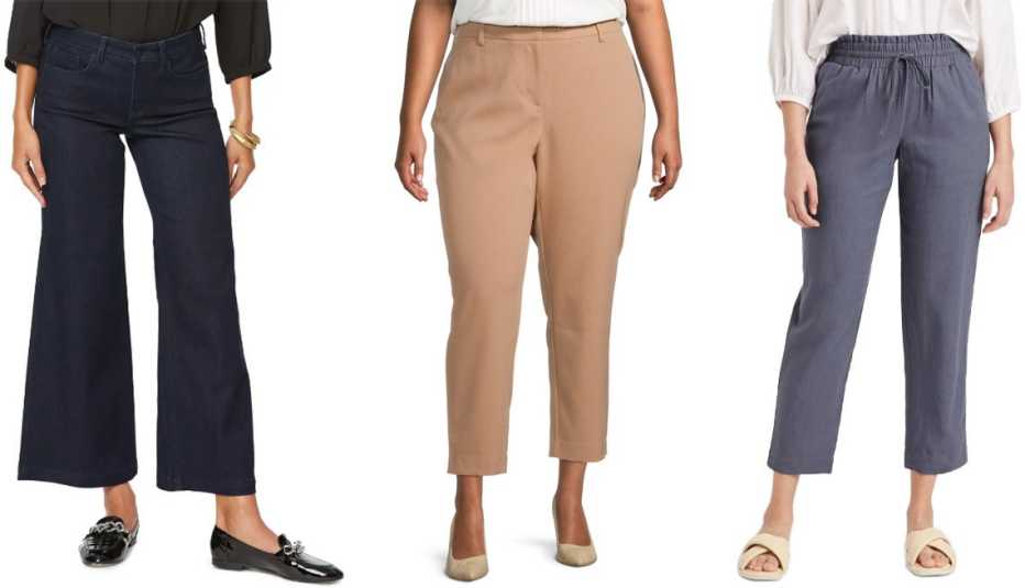 (Izquierda a derecha) Jeans NYDJ Teresa Ankle Wide Leg Jeans en color Rinse ($109, nordstrom.com); pantalones Liz Claiborne Emma Ankle Pant-Plus en color Signature Caramel ($54, jcpenney.com); pantalones A New Day Women's High-Rise Ruffle Waisted Pull-On Ankle Pants en color Blue ($25, target.com).