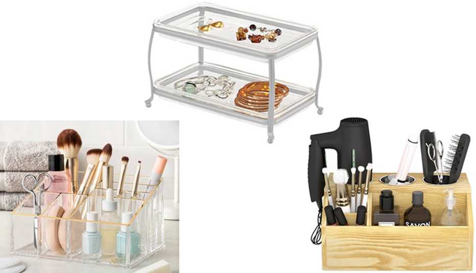 (En el sentido de las agujas del reloj, desde la parte inferior izquierda) Bandeja organizadora Sonia Kashuk Countertop Makeup Tray Organizer - Clear; bandeja organizadora mDesign Makeup Storage Organizer Vanity Tray, 2 niveles; organizador de herramientas para el cabello Devanae Hair Tool Organizer by Gracie Oaks.