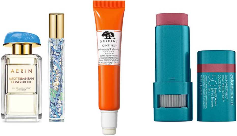 (Izquierda a derecha) Perfume Aerin Mediterranean Honeysuckle Eau de Parfum Travel Spray ($30, sephora.com); crema de ojos Origins Mini Ginzing Vitamin C Eye Cream ($28, sephora.com); bálsamo con color Colorscience Sunforgettable Total Protection Color Balm SPF 50 en color Berry ($30, Amazon.com).