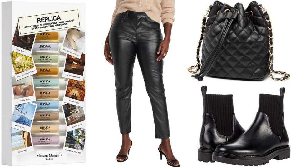 Juego de perfumes Maison Margiela Replica Memory Box, pantalones de cuero sintético Old Navy, bolso de cuero artificial Poppy, botas Blondo Hallie 