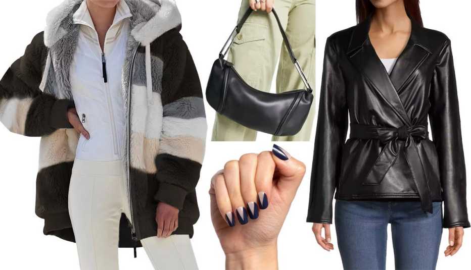 Abrigo KZKR Winter Plush Color Block Coat for Women en color Army Green, bolso Topshop Sadi Faux Leather Baguette Bag en color negro, gabardina Liz Claiborne Midweight Trench Coat en color negro; uñas postizas Olive & June Press-On 