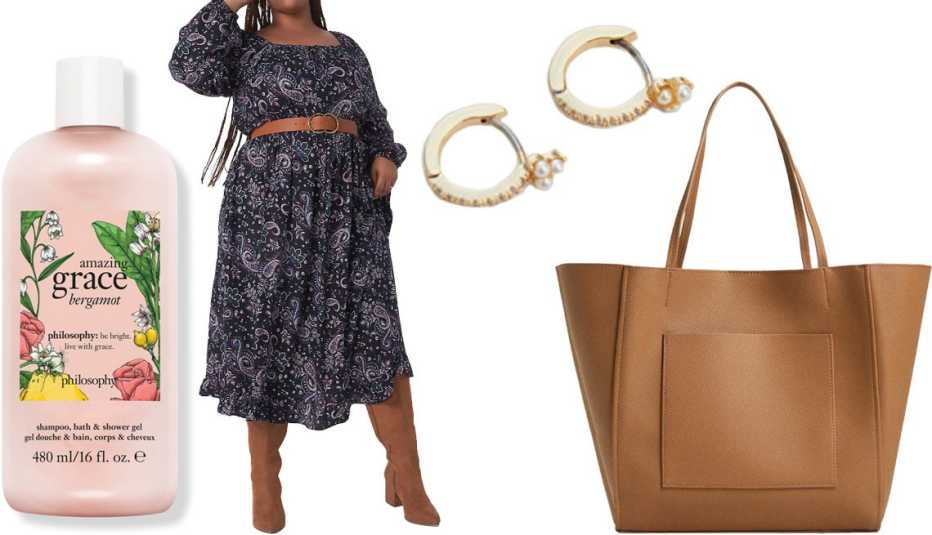 Champú y gel de baño y ducha Philosophy Amazing Grace, vestido a media pierna Lane, aretes & Other Stories Mother of Pearl Mini Hoop en color dorado/perla, bolso Mango Pocket Shopper Bag en color marrón medio