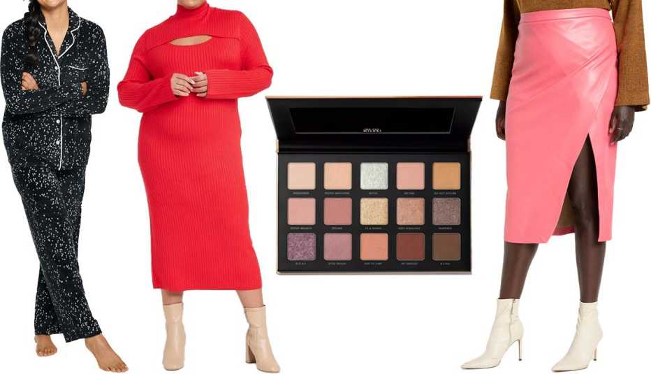 Conjunto de pijama de terciopelo Sonoma, vestido Ava & Viv, paleta de sombras de ojos Milani, falda de cuero sintético con abertura Eloquii