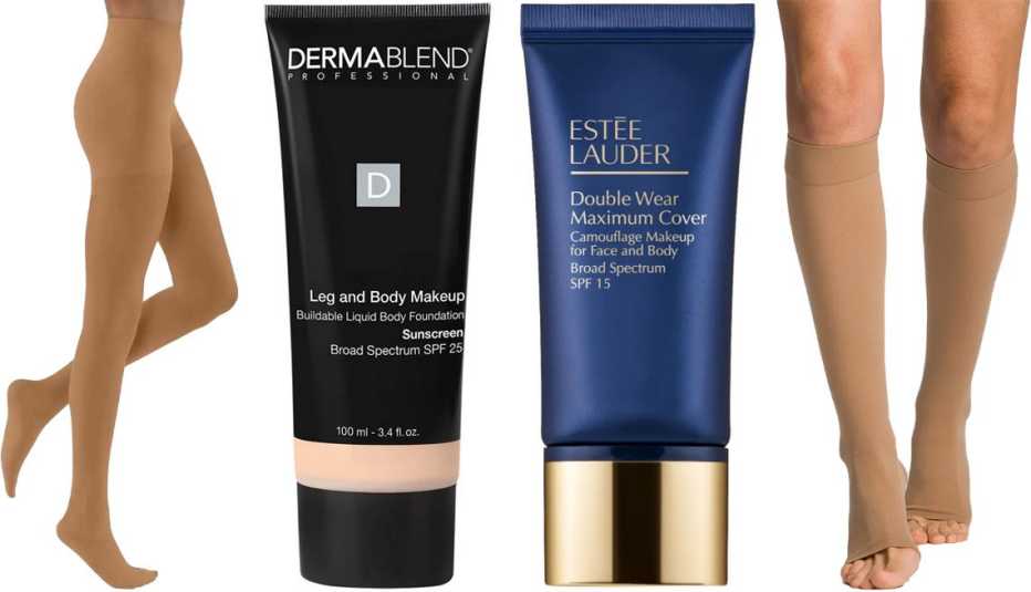 (Izquierda a derecha) Medias Jobst Ultra Sheer Pantyhose ($123, discountsurgical.com); base de maquillaje Dermablend Leg and Body Makeup Foundation; base de maquillaje Estée Lauder Maximum Coverage Camouflage Makeup Foundation; medias Sigvaris Essential 863C Select Comfort Knee High ($68, discountsurgical.com)