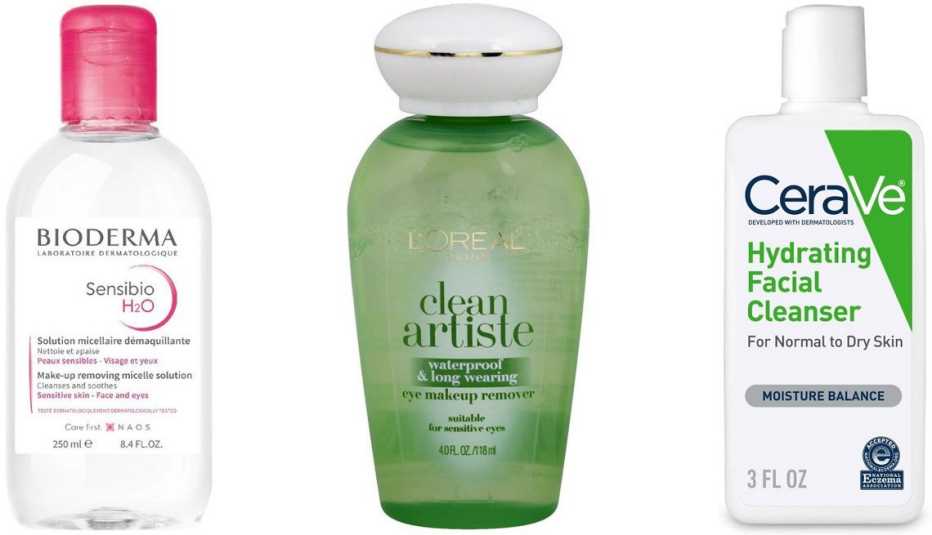 (Izquierda a derecha) Desmaquilador Bioderma Sensibio H2O Micellar Water Makeup Remover; desmaquillador L’Oréal Paris Clean Artiste Waterproof and Long Wearing Eye Makeup Remover; limpiador CeraVe Hydrating Facial Cleanser for Normal to Dry Skin.