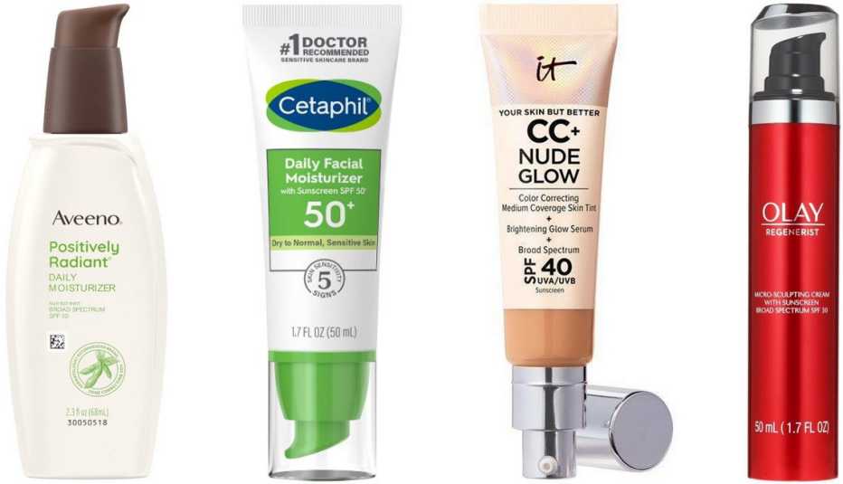 (Izquierda a derecha) Crema hidratante Aveeno Positively Radiant Daily Moisturizer ($16, target.com); hidratante facial Cetaphil Daily Facial Moisturizer ($16, target.com); crema con color y sérum It Cosmetics Your Skin But Better CC+ Nude Glow ($44, target.com); crema Olay Regenerist Micro-Sculpting Cream ($27, target.com)