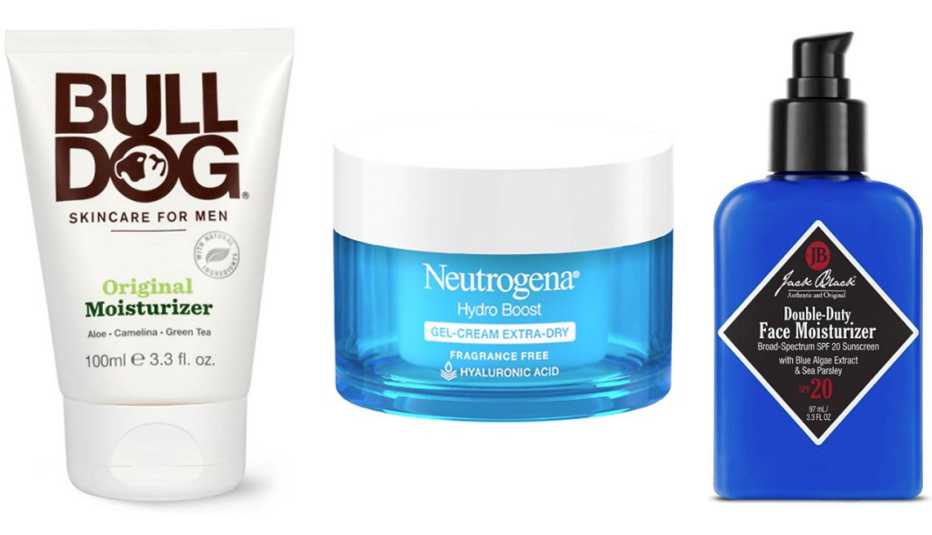 (De izquierda a derecha) Cremas hidratantes Bulldog Skincare for Men Original Moisturizer; Neutrogena Hydro Boost Gel-Cream Extra Dry; Jack Black Double-Duty Face Moisturizer SPF 20.