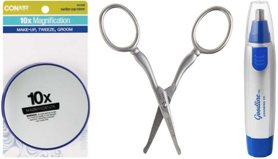 (De izquierda a derecha) Espejo de ventosa Conair Suction Cup Mirror Close Up Magnification; tijeras faciales Tweezerman Nose Ear Facial Scissors; recortador de pelo Goodline Grooming Co. Nose + Ear Hair Trimmer.
