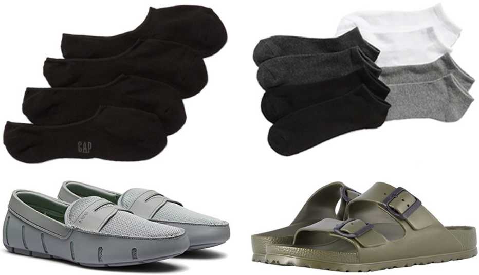  (En el sentido de las agujas del reloj, desde la izquierda) Calcetines Gap No-Show Socks en color True Black; calcetines Old Navy Low-Cut 4-Pack para hombre en Basic Multi-Pack; sandalias Birkenstock Arizona Essentials para hombre; mocasines Swims Men's Slip-On Washable Penny Loafers.