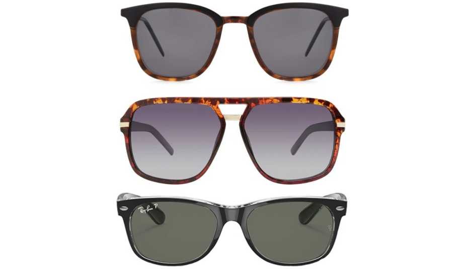 (De arriba a abajo) Gafas de sol Foster Grant Marli Polarized for Digital; Privé Revaux The Bruce 2.0 en café Chestnut Brown Tort; Ray-Ban RB2132 New Wayfarer Classic en negro/verde polarizado.