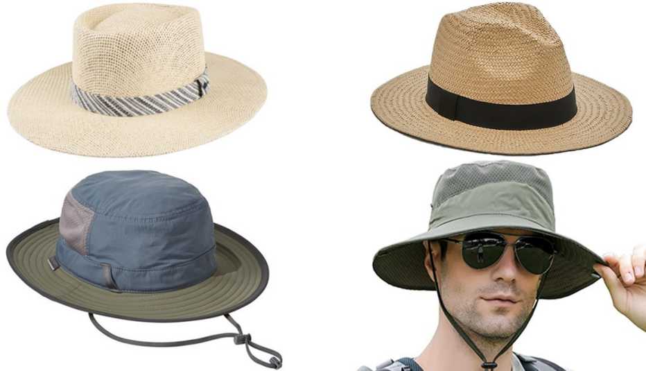 (En el sentido de las agujas del reloj, desde la parte superior izquierda) Sombrero Dockers Men’s Panama Hat en color Tan/Navy; sombrero de paja estilo Fedora Banana Republic Classic Straw Fedora en color natural; sombrero Aenmt Wide Brim Boonie Sun Hat en color Army Green; sombrero para hombre de L.L. Bean Men’s Sunday Afternoons Brushline Bucket Hat en color Mineral/Timber.