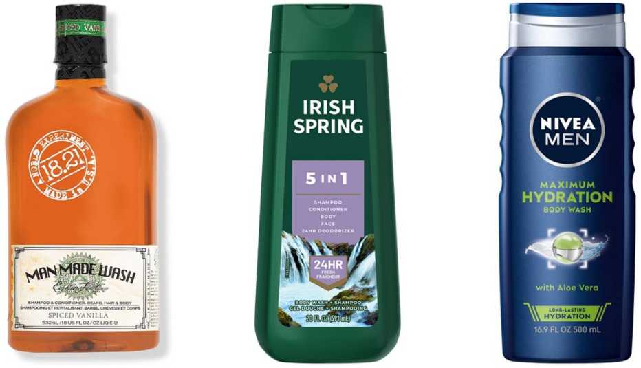 (De izquierda a derecha) Champú, acondicionador y gel de baño 18.21 Man Made Spiced Vanilla Shampoo, Conditioner and Body Wash; gel de baño para hombre Irish Spring 5 in 1 Men’s Body Wash for Hair, Face and Body; gel de baño Nivea Men Maximum Hydration Aloe Vera 3-in-1 Body Wash.