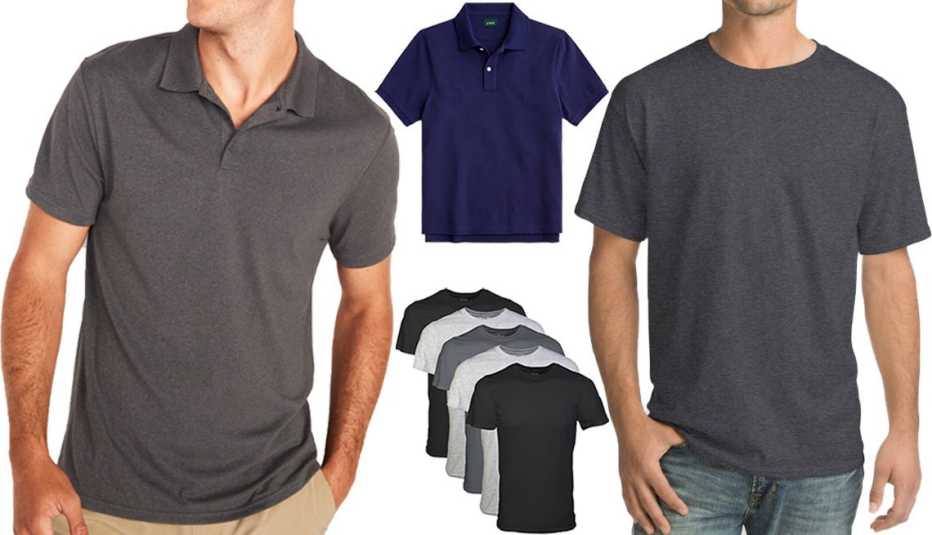 (En el sentido de las agujas del reloj, desde la izquierda) Camisa polo Old Navy Go-Dry Cool Odor-Control Core Polo para hombre; camisa polo J.Crew Classic Piqué Polo Shirt en color Raw Indigo; paquete de 4 camisetas de manga corta Hanes Men’s Comfort Wash Short-Sleeve T-Shirt Value 4-Pack en color Charcoal Heather; paquete de 4 camisetas Gildan Men’s Crew T-Shirts Multipack en Assorted Black/Grey.