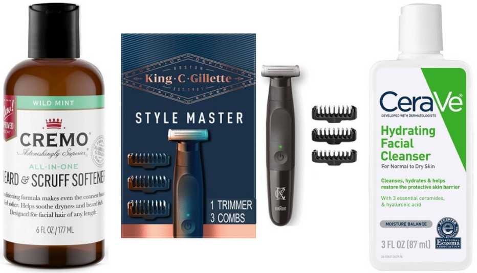  (De izquierda a derecha) Acondicionador Cremo Beard & Scruff Softener en Wild Mint; recortadora eléctrica King C. Gillette XT3000 Men's Style Master Cordless Stubble Trimmer + 3 Attachment Combs; limpiador hidratante CeraVe Hydrating Facial Cleanser for Normal to Dry Skin with Hyaluronic Acid.