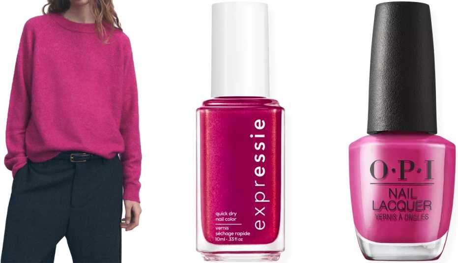 Opciones de esmaltes y blusa en color magenta.
