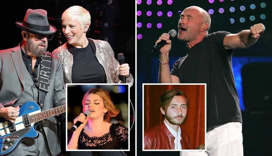 Izquierda: Annie Lennox (con Dave Stewart, su compañero de Eurythmics) cantando en el 2019. Recuadro izquierdo: su hija Lola Lennox. Derecha: Phil Collins en escena en el 2006. Recuadro derecho: su hijo Nic Collins de la banda Better Strangers.