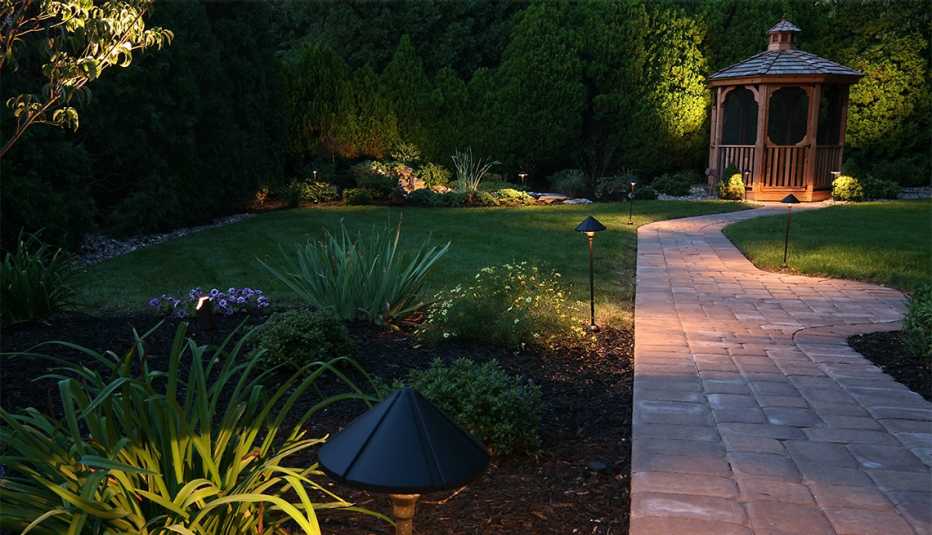 Jardín exterior con iluminación