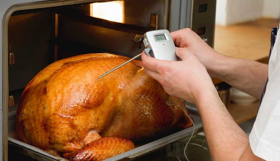 Persona mide la temperatura del pavo con un termómetro digital