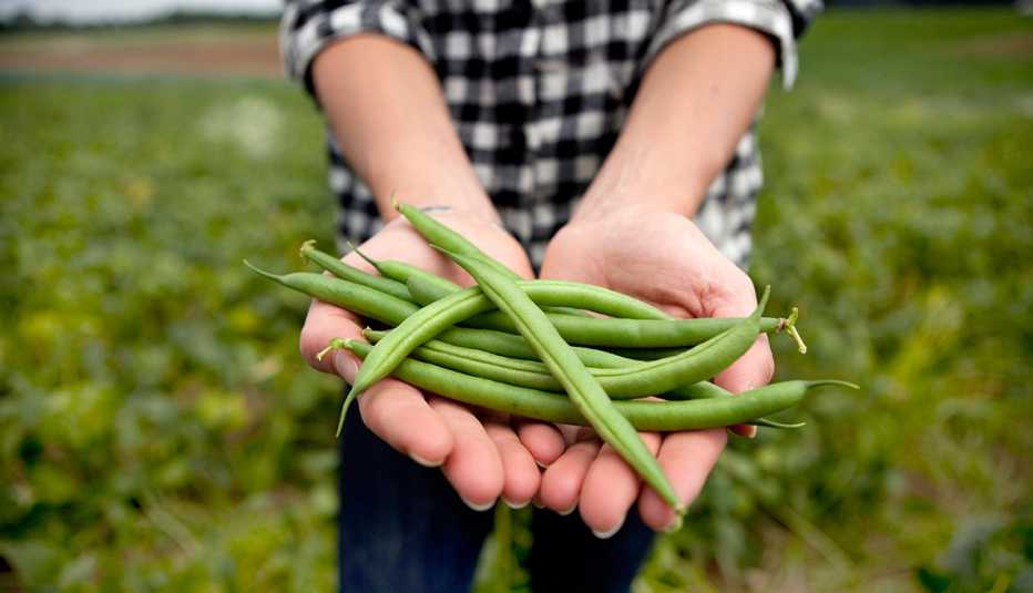 Mujer con arverjas verdes en un campo