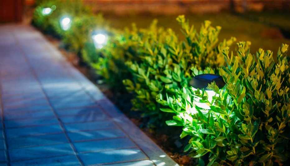 Camino hacia una casa iluminado por luces solares 