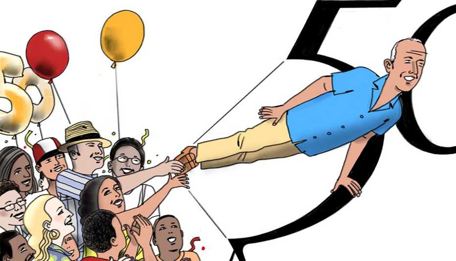 Ilustración de personas que celebran los 50 años.