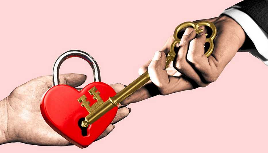 Ilustración de la mano de una mujer sosteniendo una cerradura en forma de corazón