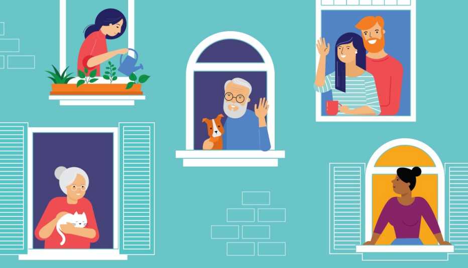 Ilustración de vecinos en un edificio saludando desde sus ventanas