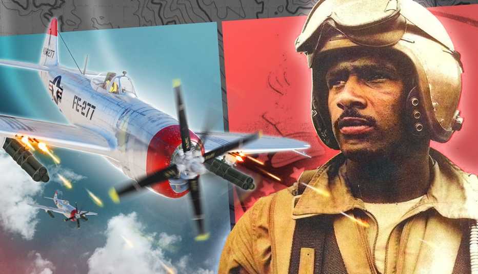 James Harvey junto a la imagen de un avión de combate