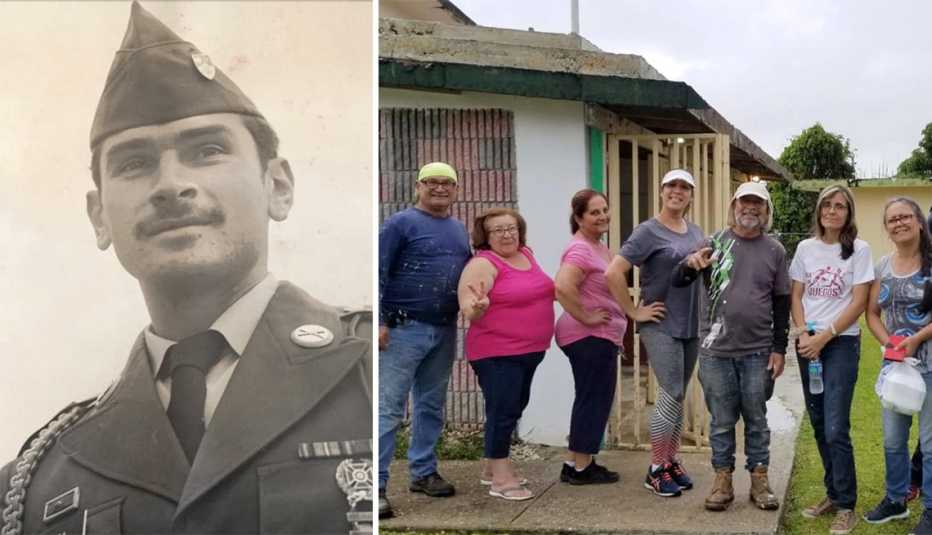 En la imagen de la izquierda, Roberto Rivera Ortiz durante su servicio en Corea del Sur. A la derecha, en la extrema izquierda, Roberto Rivera Ortiz y al lado su esposa Margarita Pagán junto a otros líderes comunitarios del barrio Palo Hincado. 