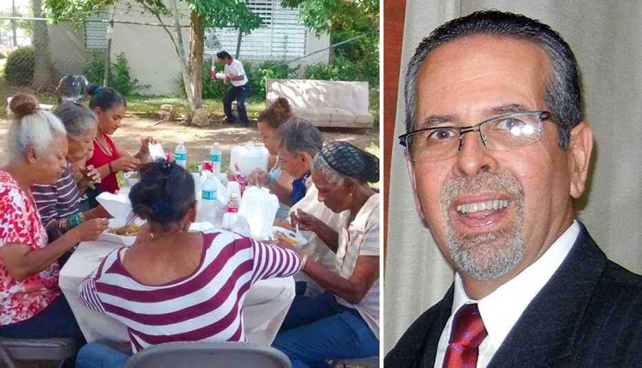 En la imagen de la izquierda, un grupo de deambulantes almorzando como parte de la iniciativa de alimentar a personas sin hogar de la cual participa Juan Arturo Torruellas Nieves.  A la derecha Torruellas Nieves.
