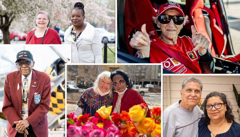 Algunos beneficiarios y voluntarios de Wish of a Lifetime. Fila superior, de izquierda a derecha: Carole Grandstaff y una amiga visitando los cerezos en flor en Washington DC; Judi, fanática de los autos de carrera, en un auto de Fórmula 1. Fila inferior: el exaviador de Tuskegee, el teniente coronel James H. Harvey III, posa frente a un avión de combate de la Segunda Guerra Mundial en el Museo Nacional del Aire y el Espacio del Centro Udvar-Hazy; los miembros de Cupid Crew entregan flores; Otillo sorprende a la hermana Beatrice con una visita.