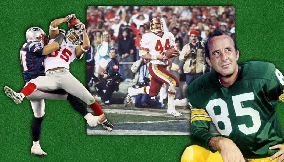 David Tyree de los Giants/Patriots de 2008; John Riggins corre en 1983; y Max McGee en 1967.