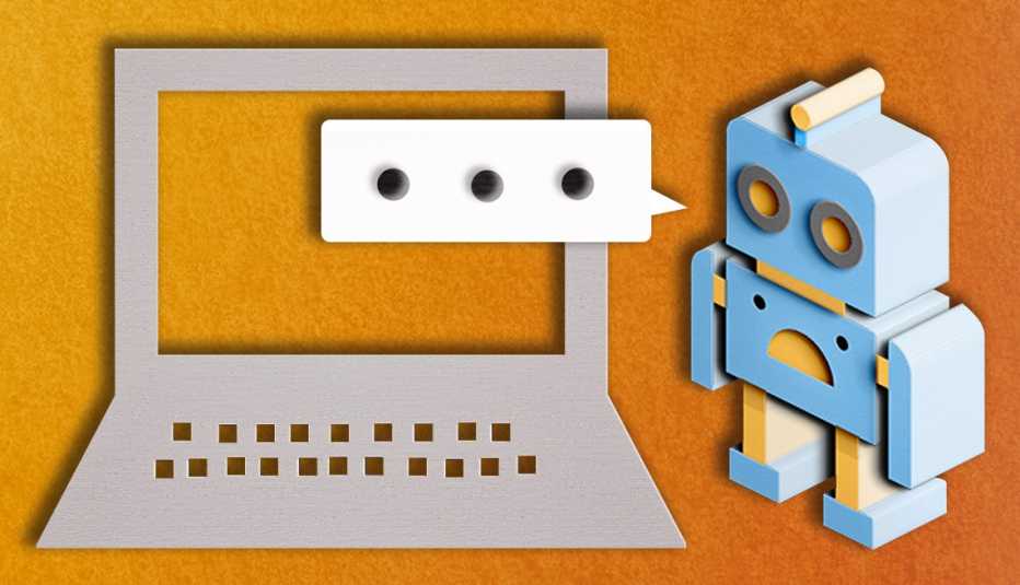 Robot con una burbuja de chat frente a una computadora portátil