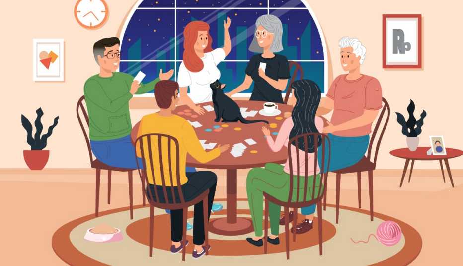 amistades sentadas alrededor de una mesa jugando juntas