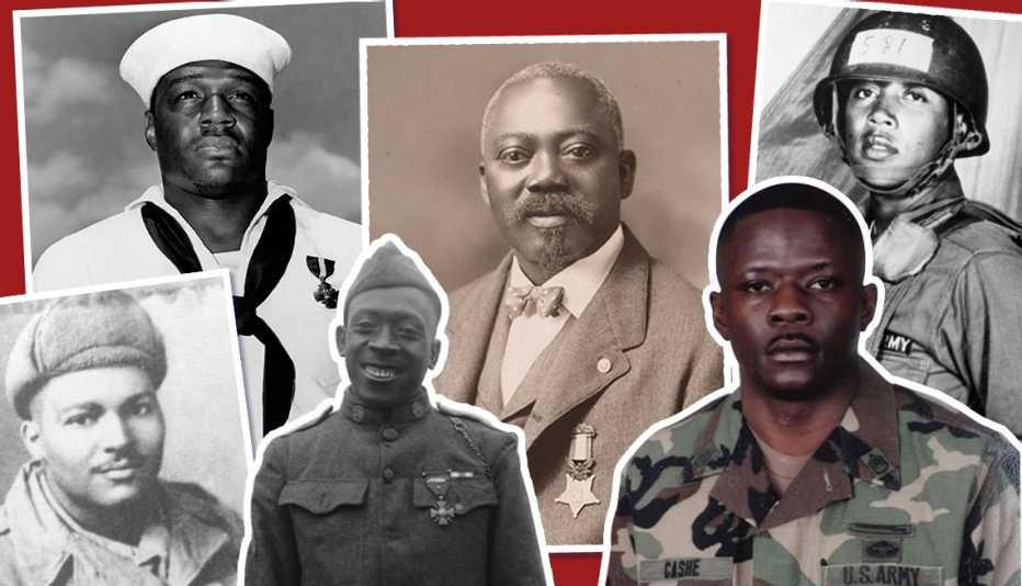 De izquierda a derecha: Cornelius H. Charlton; Dorie Miler; el sargento Henry Johnson; el sargento William H. Carney; Alwyn Cashe; Milton Olive III