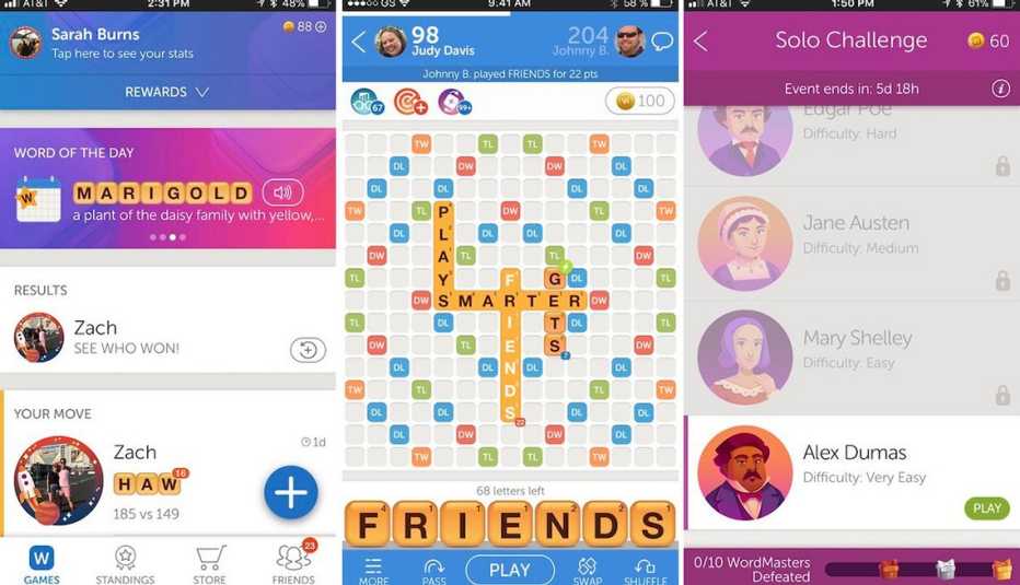 Imágenes captadas de pantalla del juego móvil Words With Friends
