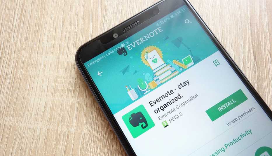 Aplicación Evernote en teléfono inteligente